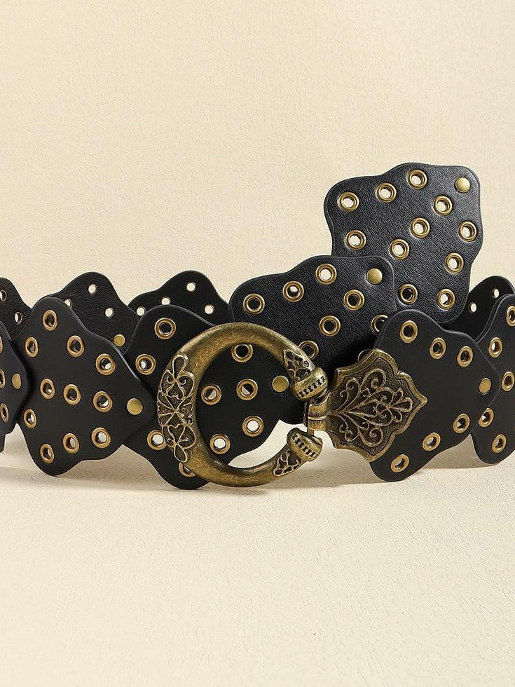 REDDACHIC Vintage Ethnic Patchwork Cutout Studded Wide Women'S Soft Pu Belts