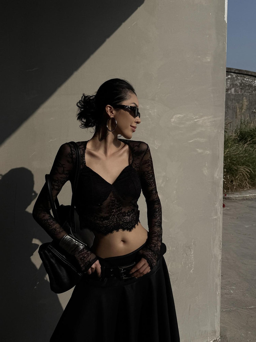 ZERO Slim Spliced V-neck Street Black Nylon Thin Short Women Long Sleeve Crop Tops