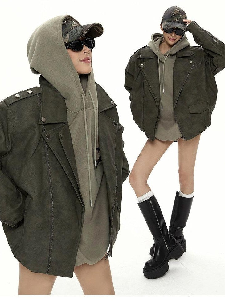 ZERO Thick Pu Leather Zipper Lapel Street Loose Fit Youth Dark Gray Leather Jackets
