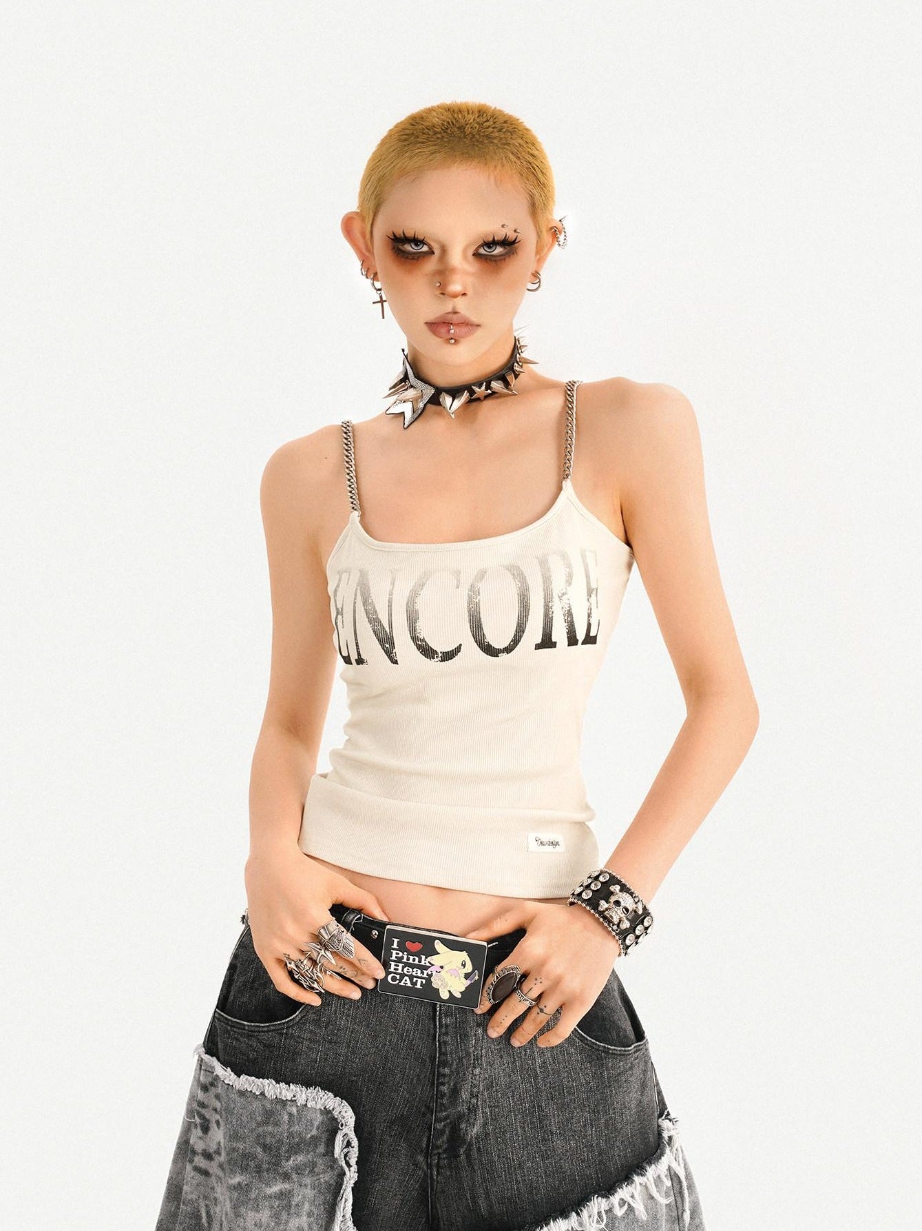 Nico Molly Loose U Neck Printed Short Non Padded Women Layering Khaki Black Camisoles