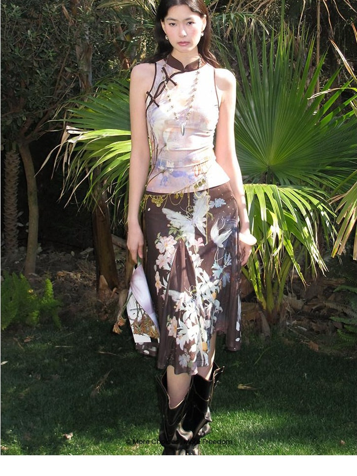 OfAkiva Floral Print Cropped Knit Sleeveless Slim Fit Two Piece Top & Skirt Sets