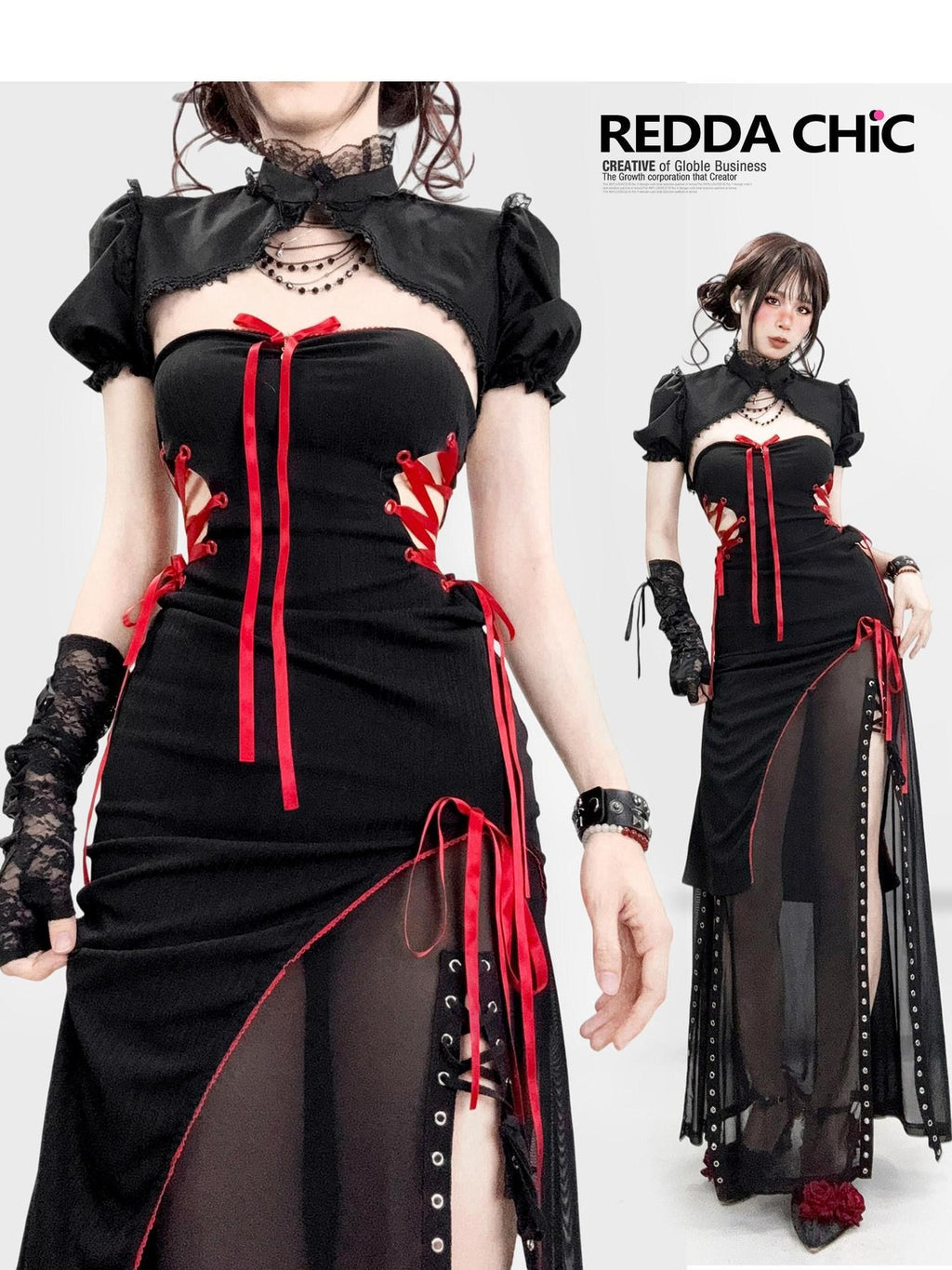 REDDACHIC New Chinese Gothic Colorblock Strapless Bodycon Pencil Women'S Top & Skirt Sets