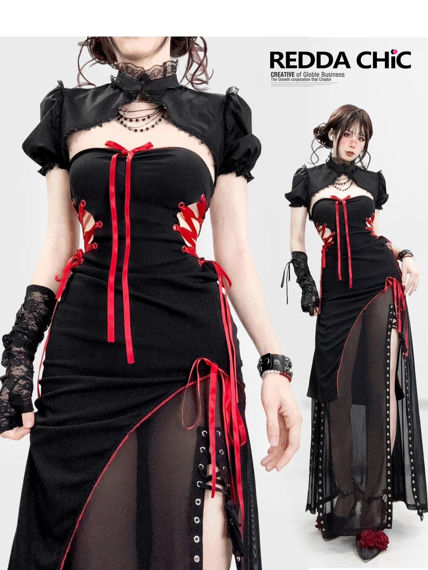REDDACHIC New Chinese Gothic Colorblock Strapless Bodycon Pencil Women'S Top & Skirt Sets
