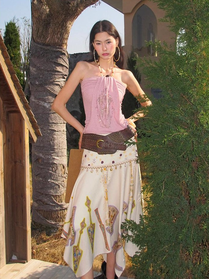 OfAkiva High Waist Asymmetrical A Line Slim Fit Printed Beige Women Maxi Skirts