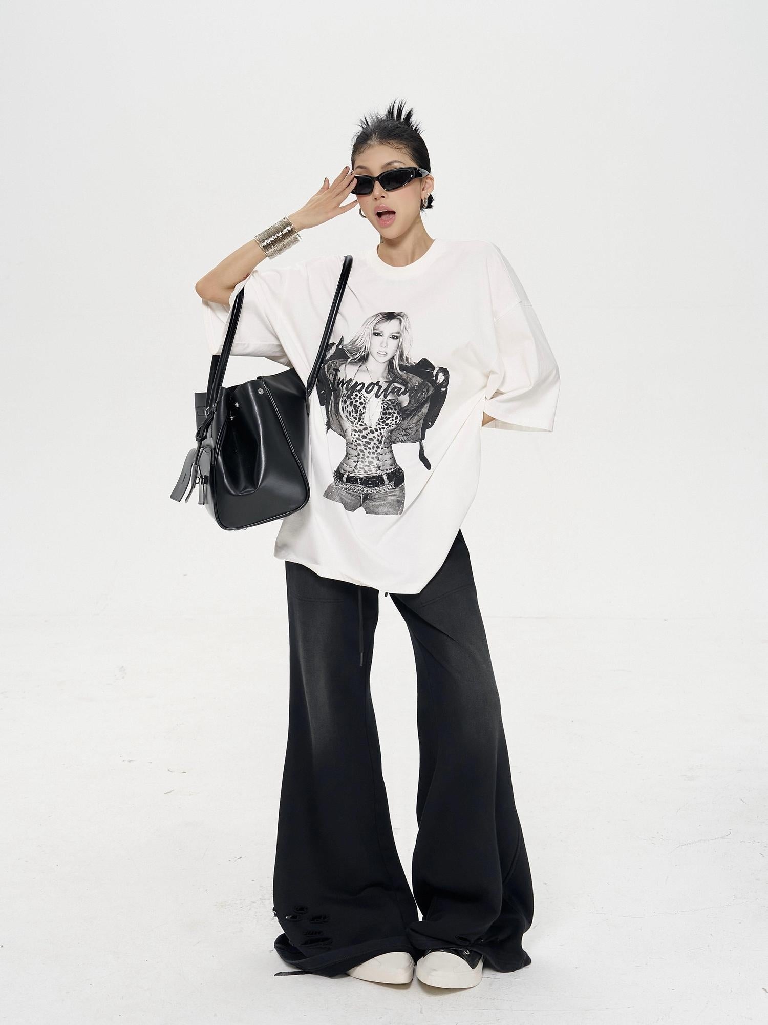 ZERO Soft Washed Cotton Low Rise Elastic Waist Loose Street Women Black Flared Pants
