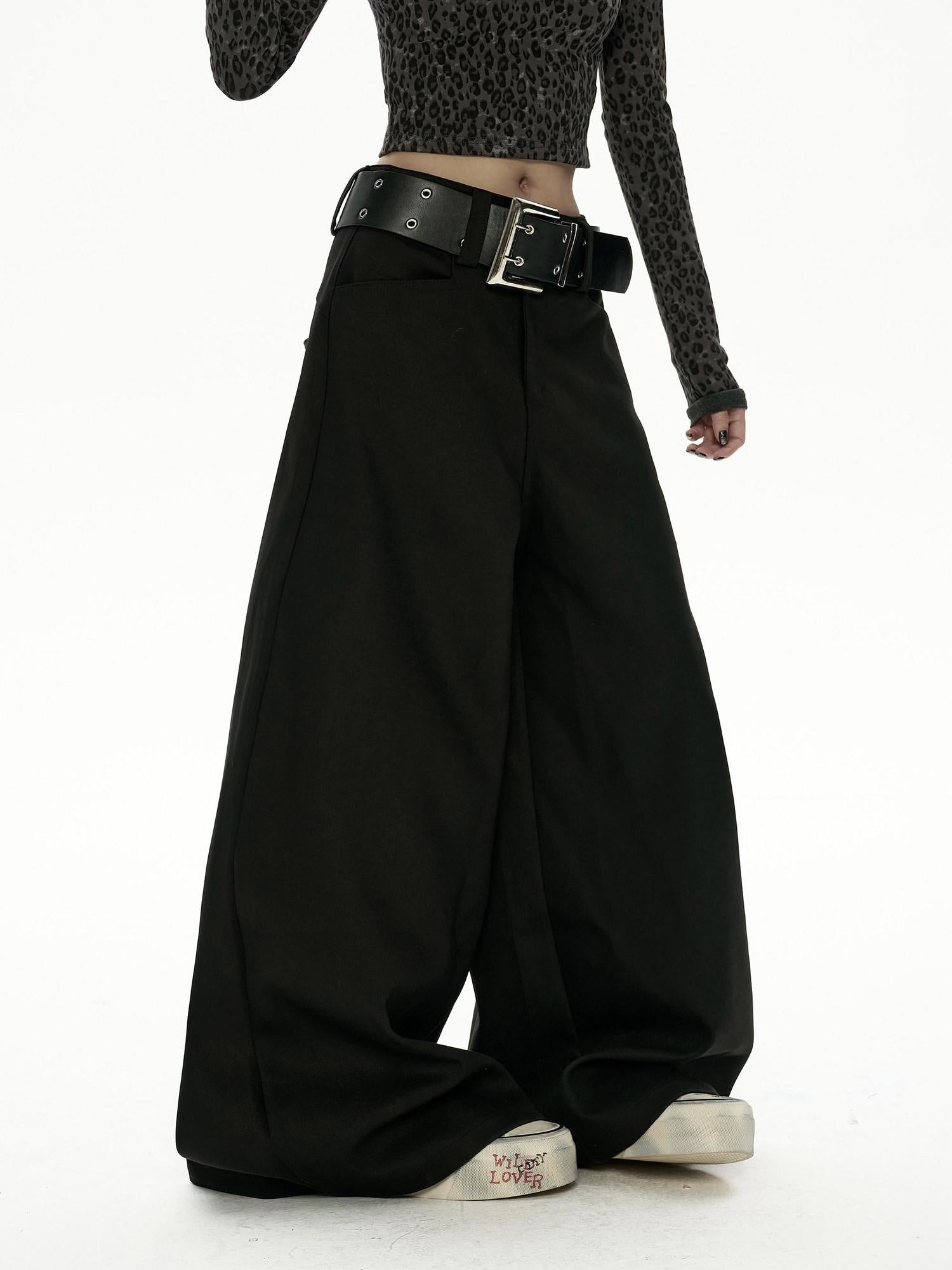 ZERO Comfortable Low Waist Casual Straight Cut Black Polyester Women Wide Leg Pants