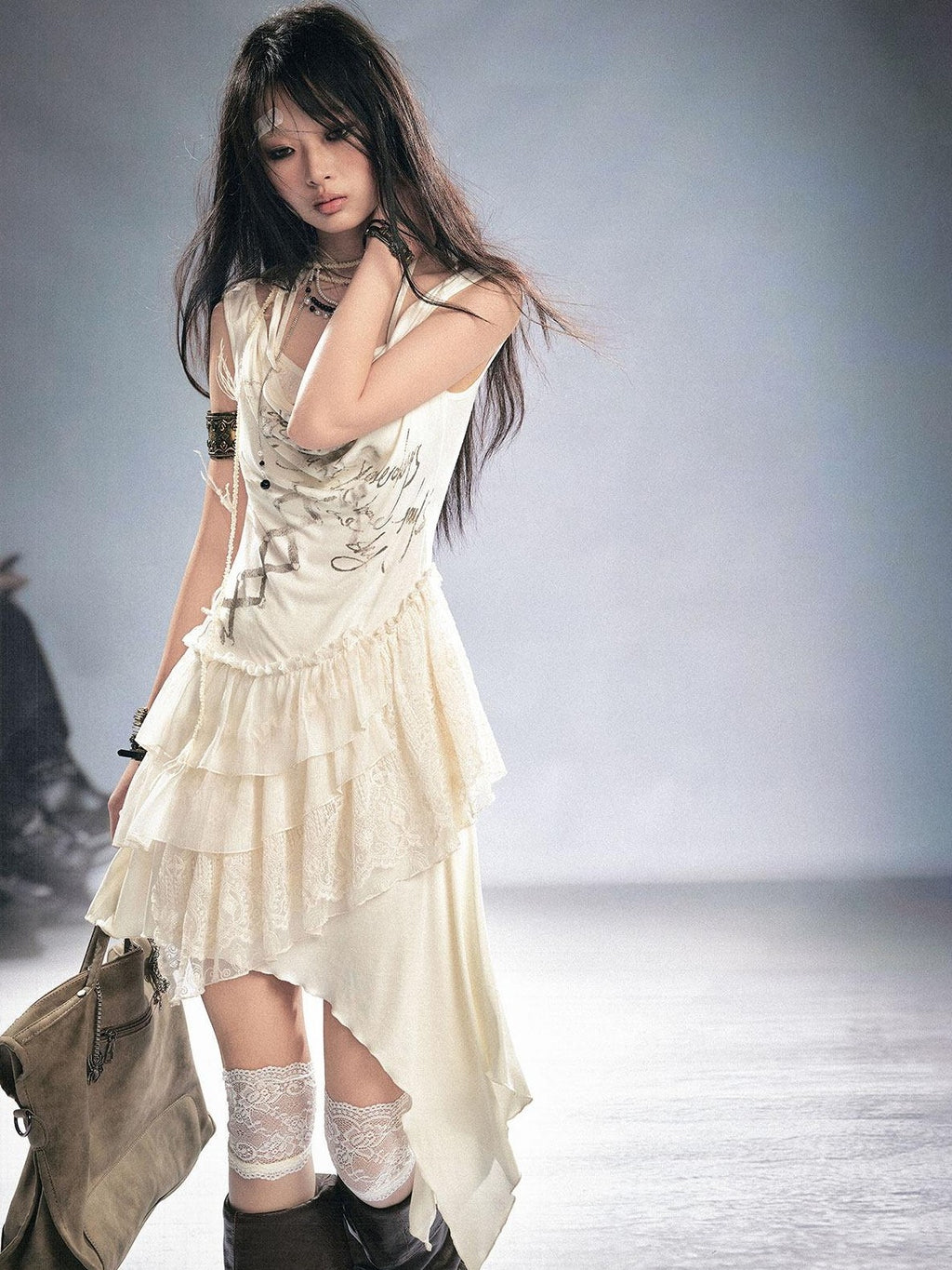 Cest Nous Breathable Lyocell Slim Fit Sleeveless Collared Irregular Hem Beige Mididresses