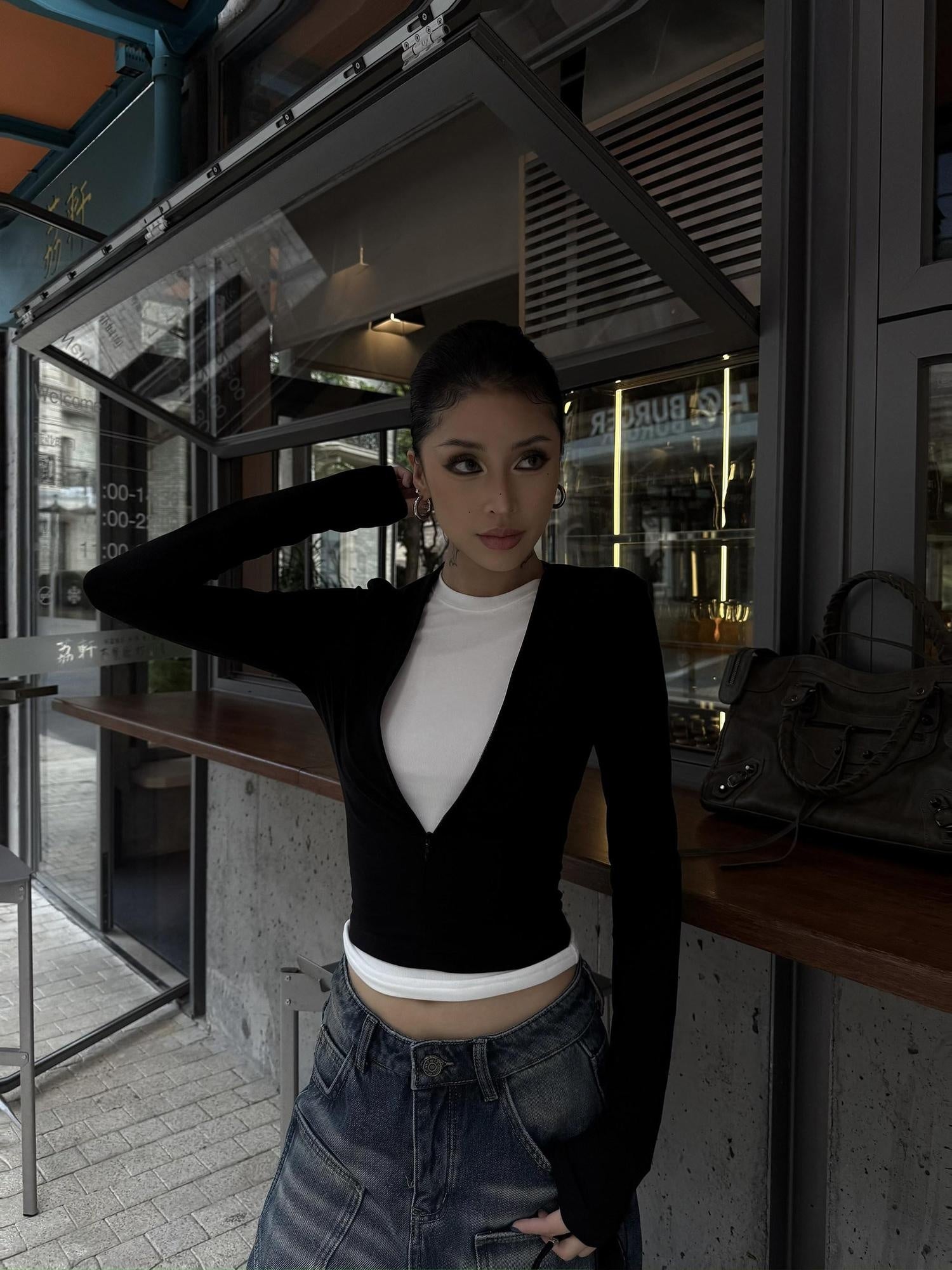 ZERO Slim Fit V-neck Layered Viscose Knit Women Black Long Sleeve Crop Tops