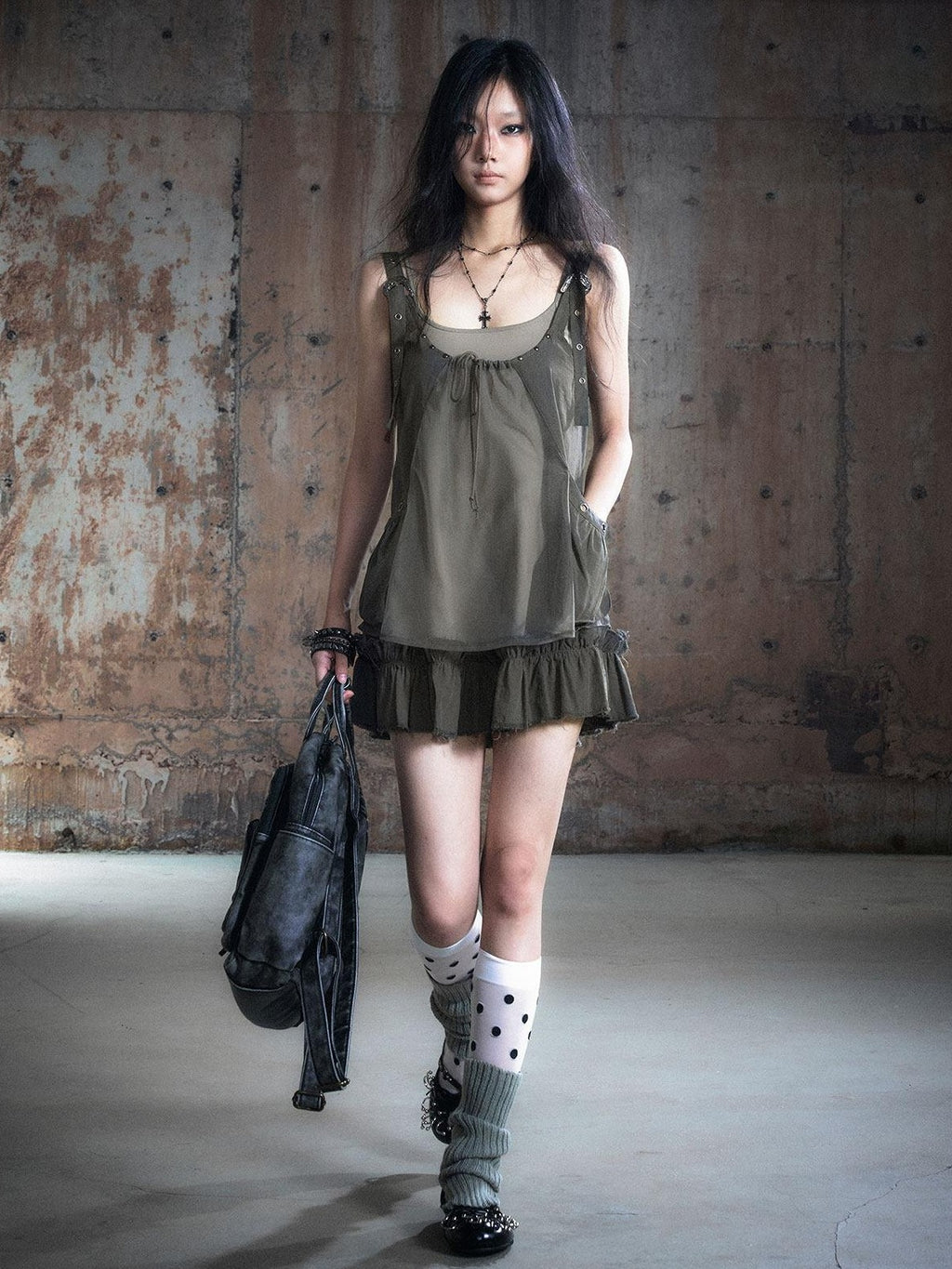 Cest Nous Micro Stretch Cotton Punk Patchwork Spaghetti Strap Everyday Minidresses