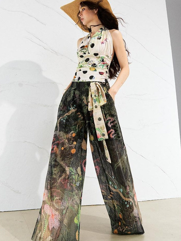 OfAkiva High Waist Cutout Casual Loose Pockets Zip Fly Women Forest Green Wide Leg Pants