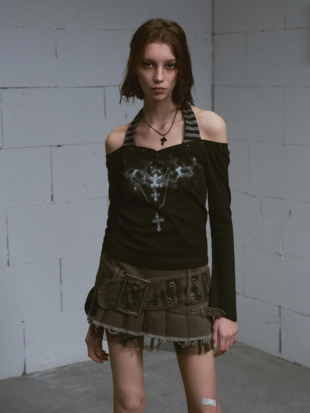 Cest Nous Printed Slim Street Punk Long Sleeve Straight Neck Women Haltercroptops