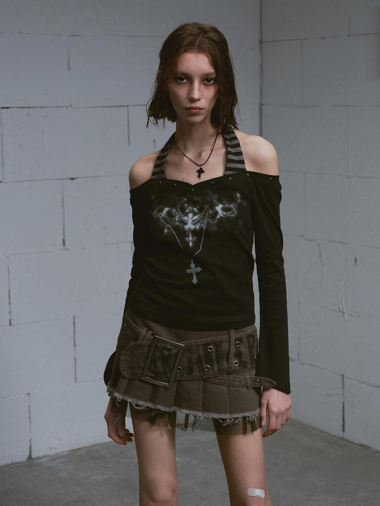 Cest Nous Printed Slim Street Punk Long Sleeve Straight Neck Women Haltercroptops