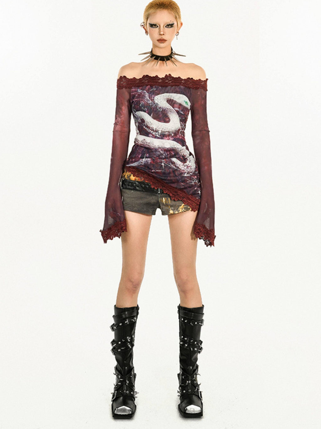 Nico Molly Quickdry Mesh Slim Fit Patchwork Bardot Bell Sleeve Women Long Sleeve T-Shirts