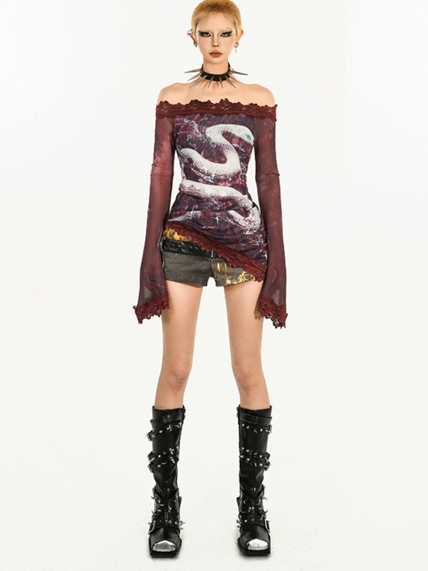 Nico Molly Quickdry Mesh Slim Fit Patchwork Bardot Bell Sleeve Women Long Sleeve T-Shirts