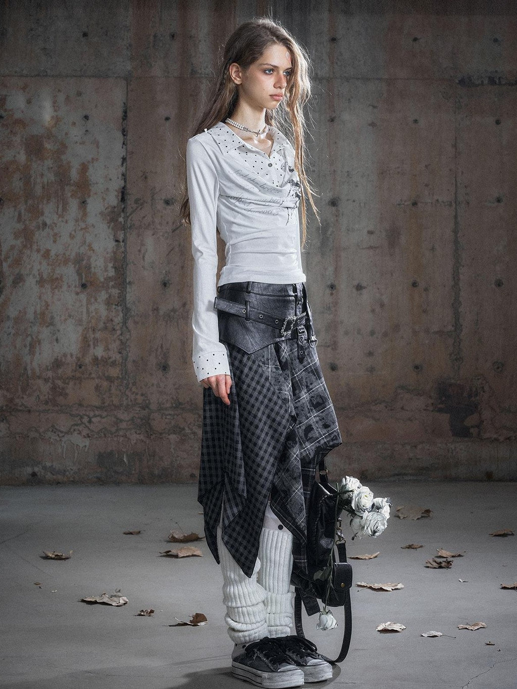 Cest Nous Pu Patchwork Punk Asymmetric Low Waist Youth Daily Wear Cotton Blend Midiskirts