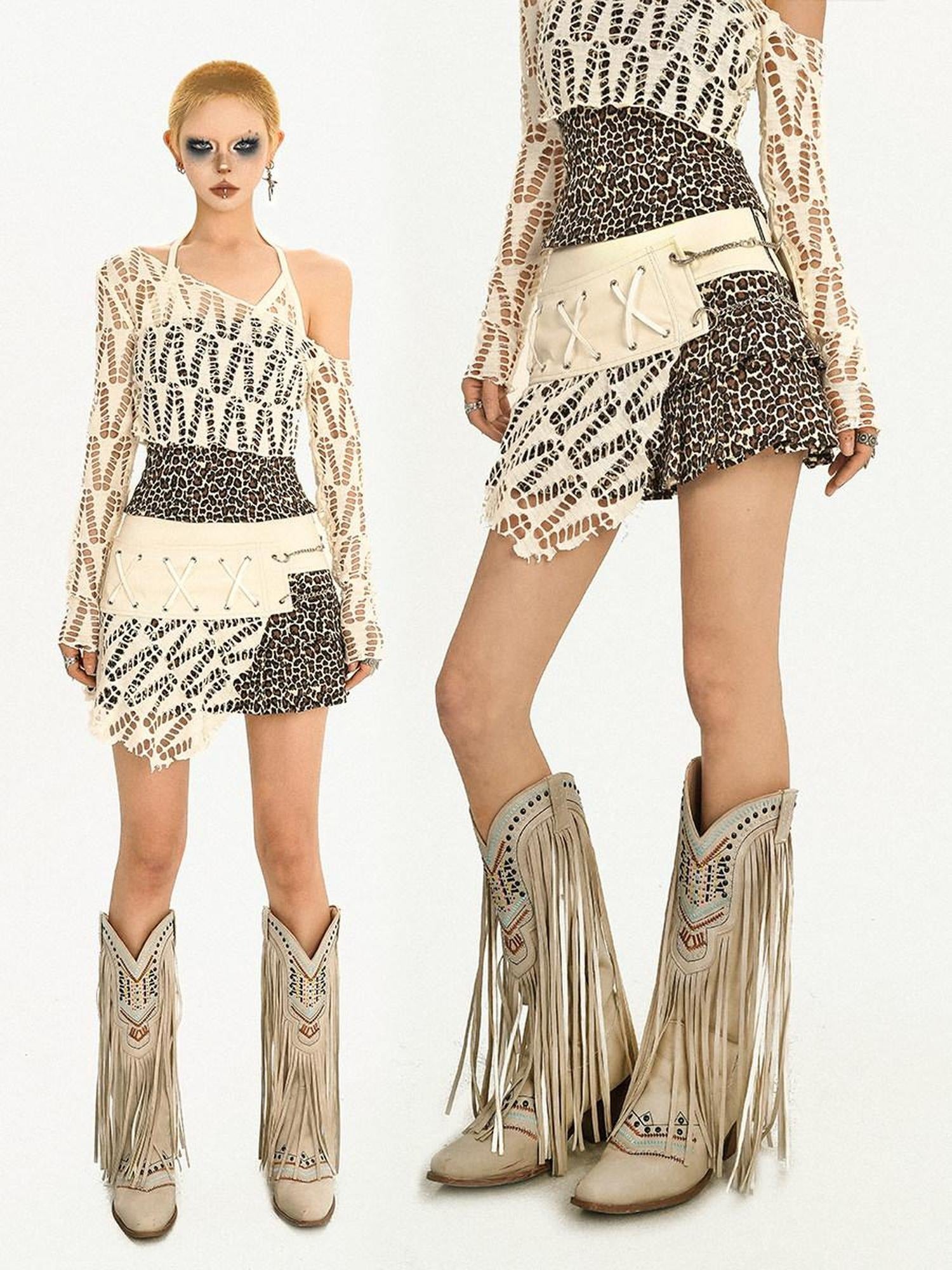 Nico Molly High Waist Zipper A Line Leopard Print Street Style Slim Fit Women Mini Skirts