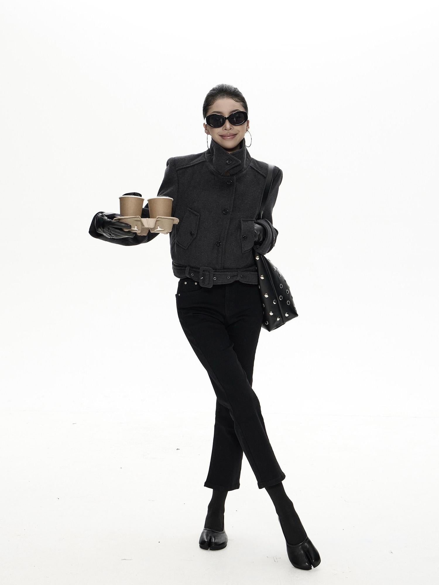 ZERO Cute Single Breasted Woven Long Sleeve Young Women Black Gray Cropped Jackets