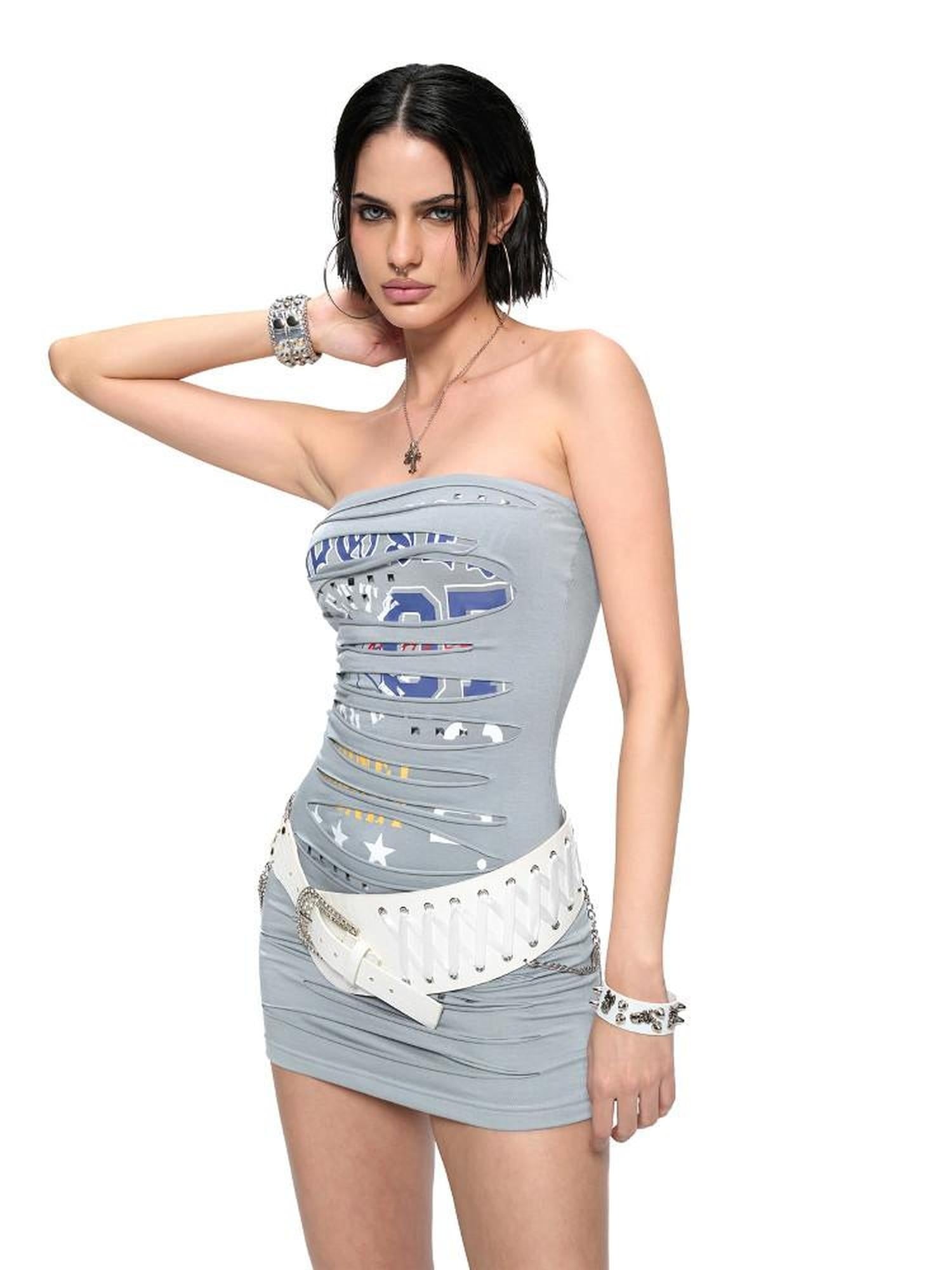 JYOSEI Cotton Stretch Strapless Patchwork Cinched Waist Casual Mini Dresses