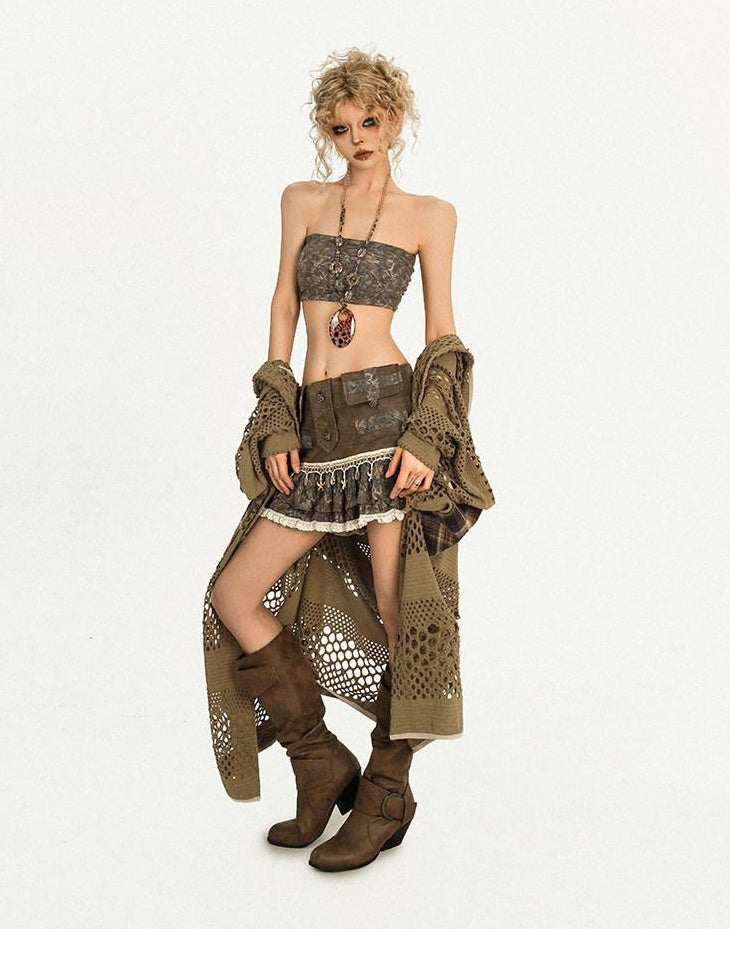 Nico Molly Patchwork Cropped Slim Fit Original Design Youth Solid Brown Tube Tops