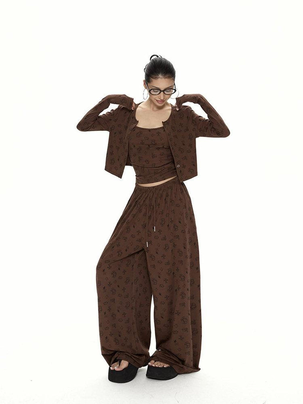 ZERO Soft Blend Printed 3Pc Casual Cardigan Vest Pants Top & Pants Sets