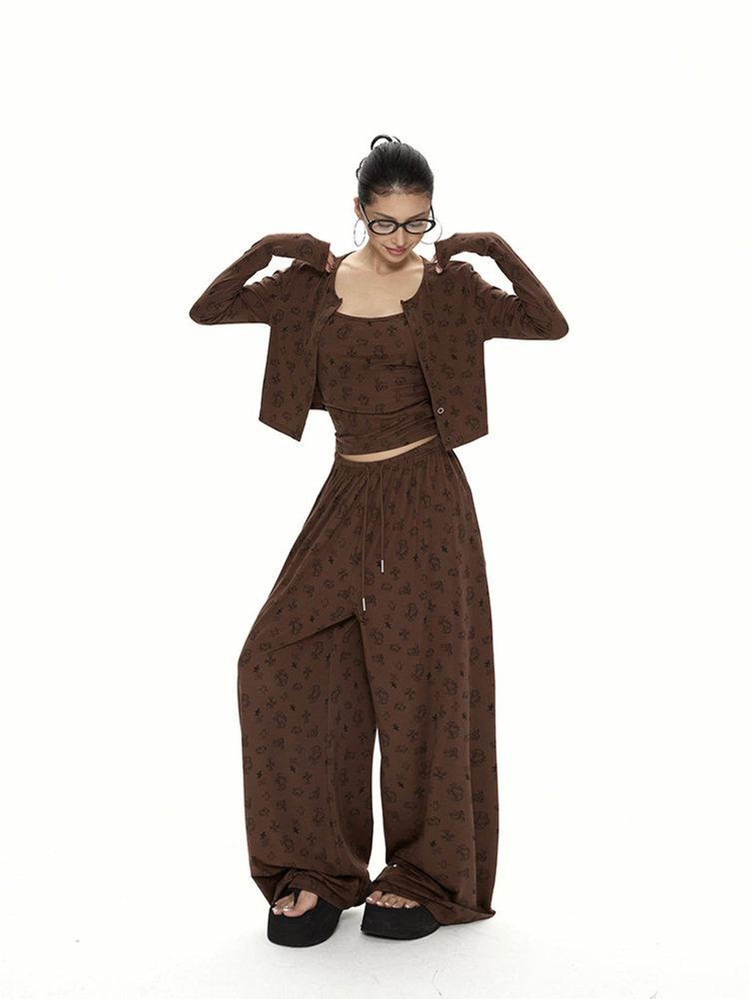 ZERO Soft Blend Printed 3Pc Casual Cardigan Vest Pants Top & Pants Sets