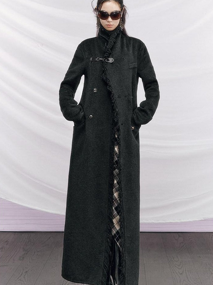 OfAkiva Vintage Slim Wool V-neck Drop Shoulder Single Breasted Women Long Coats