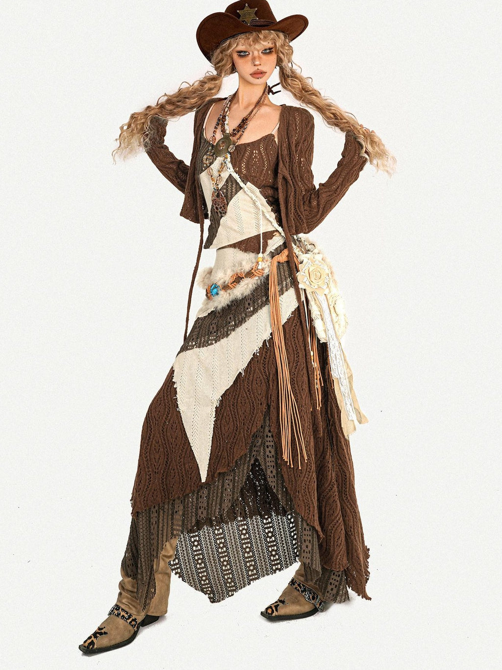 Nico Molly Fringed Knit Slim Fit Vintage Beige High Waist Casual Youth Top & Skirt Sets