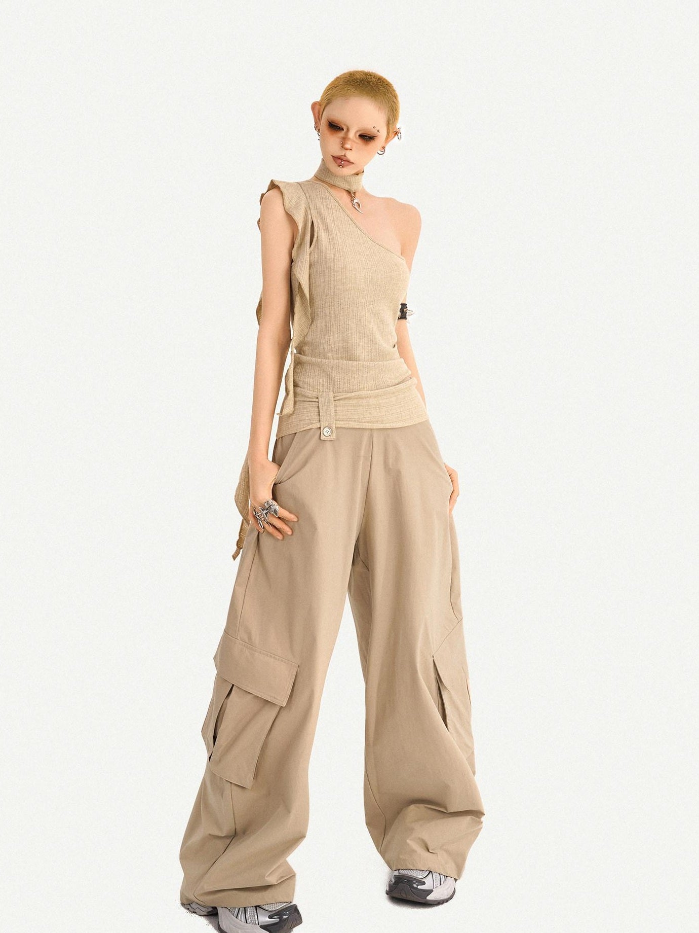 Nico Molly Khaki Padded Slim Street Style Casual Travel Youth Off Shoulder Crop Tops