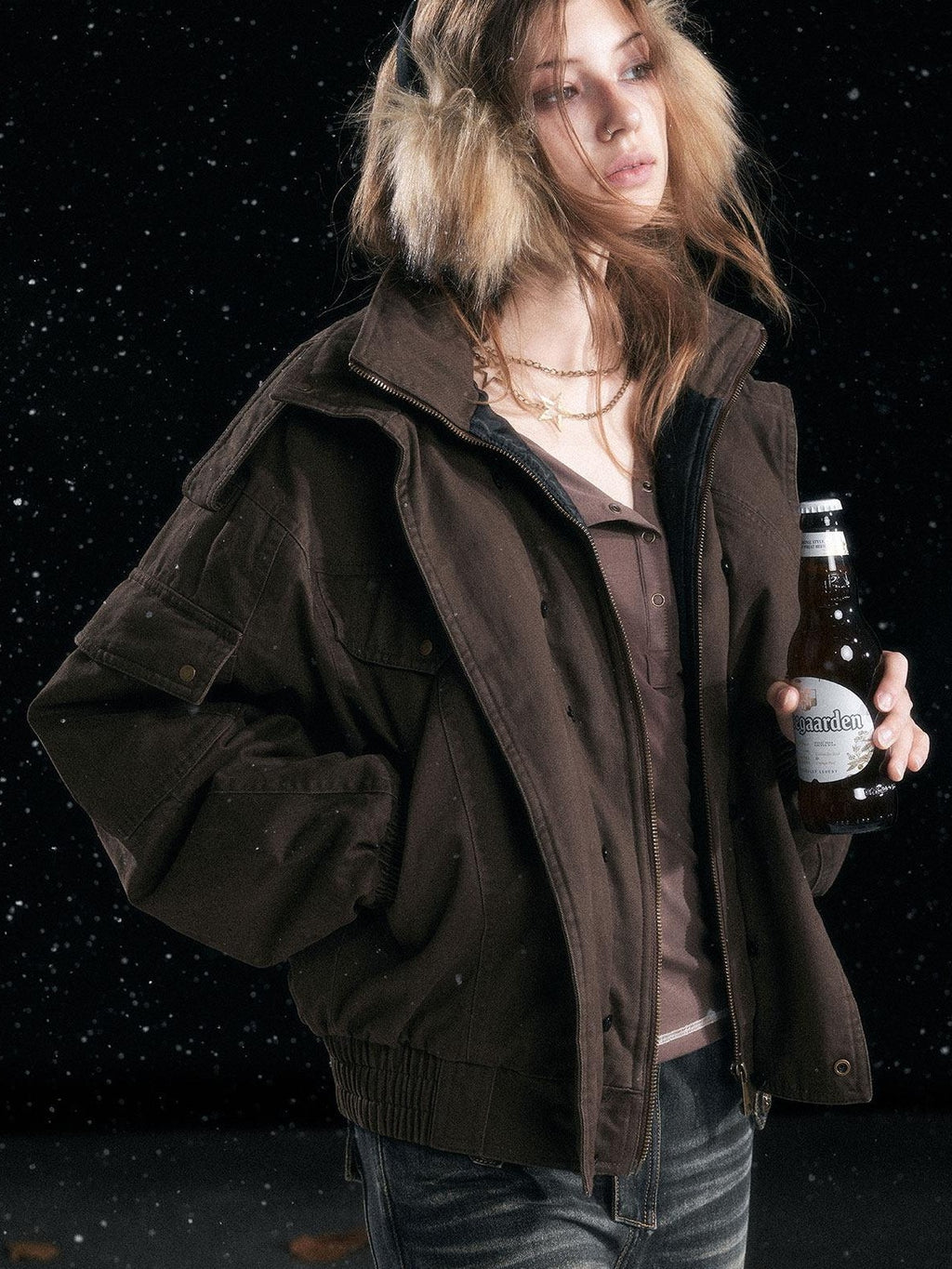 Cest Nous Warm Thick Hooded Zip Commuter Flight Women Brown Croppedjackets