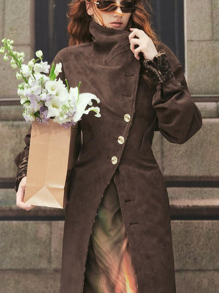 OfAkiva Faux Leather Windproof Vintage Straight Stand Collar Leopard Women Long Coats