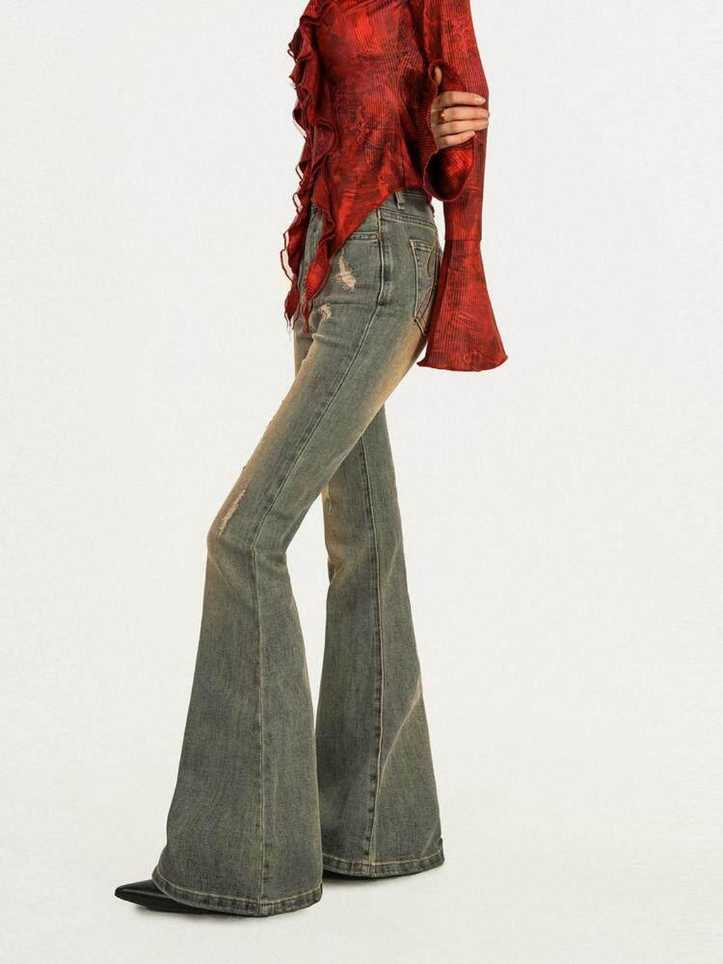 Nico Molly High Waist Retro Blue Distressed Slim Grunge Stretch Flared Jeans