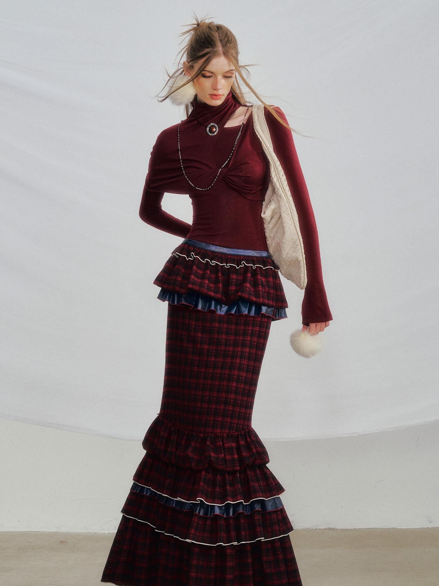OfAkiva Pleated High Waist A Line Slim Fit City Commuter Women Plaid Maxi Skirts