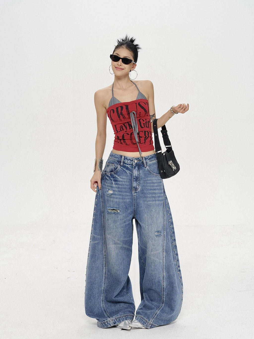 ZERO Distressed Low Rise Loose Fit Casual Vintage Blue Denim Wide Leg Jeans