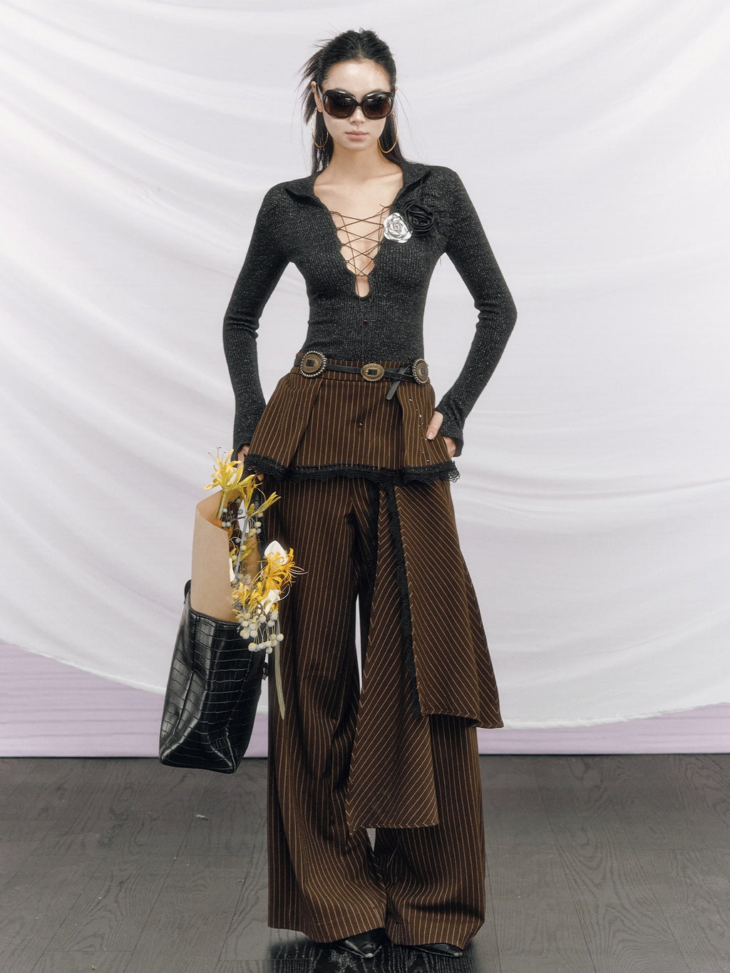 OfAkiva High Waist Vintage Striped Patchwork Zipper Fly Women Straight Wide Leg Pants