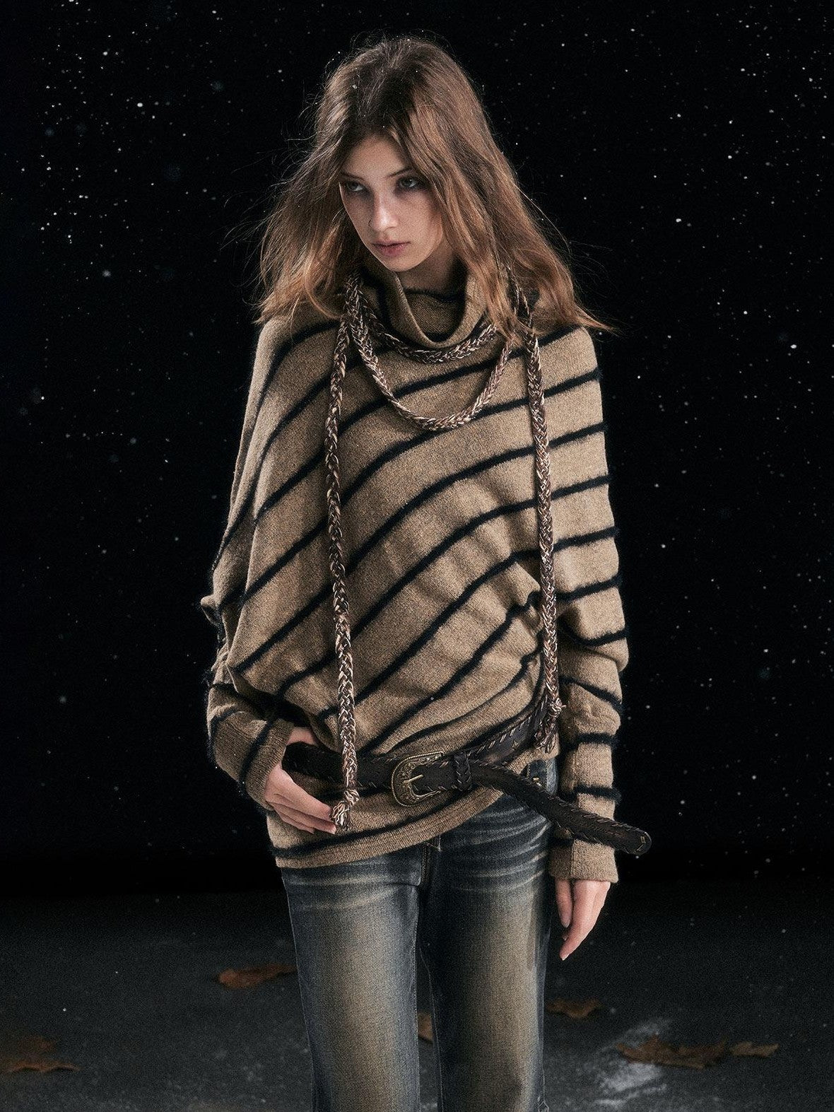 Cest Nous Cozy Thick Street Oversized Batwing Turtleneck Tie Front Women Striped Sweaters