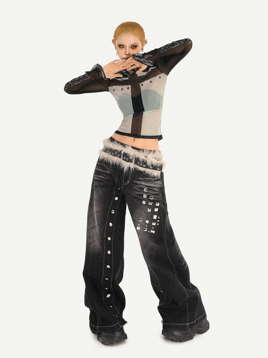 Nico Molly Sexy Slim Fit High Neck Printed Black Pullover Long Sleeve T-Shirts