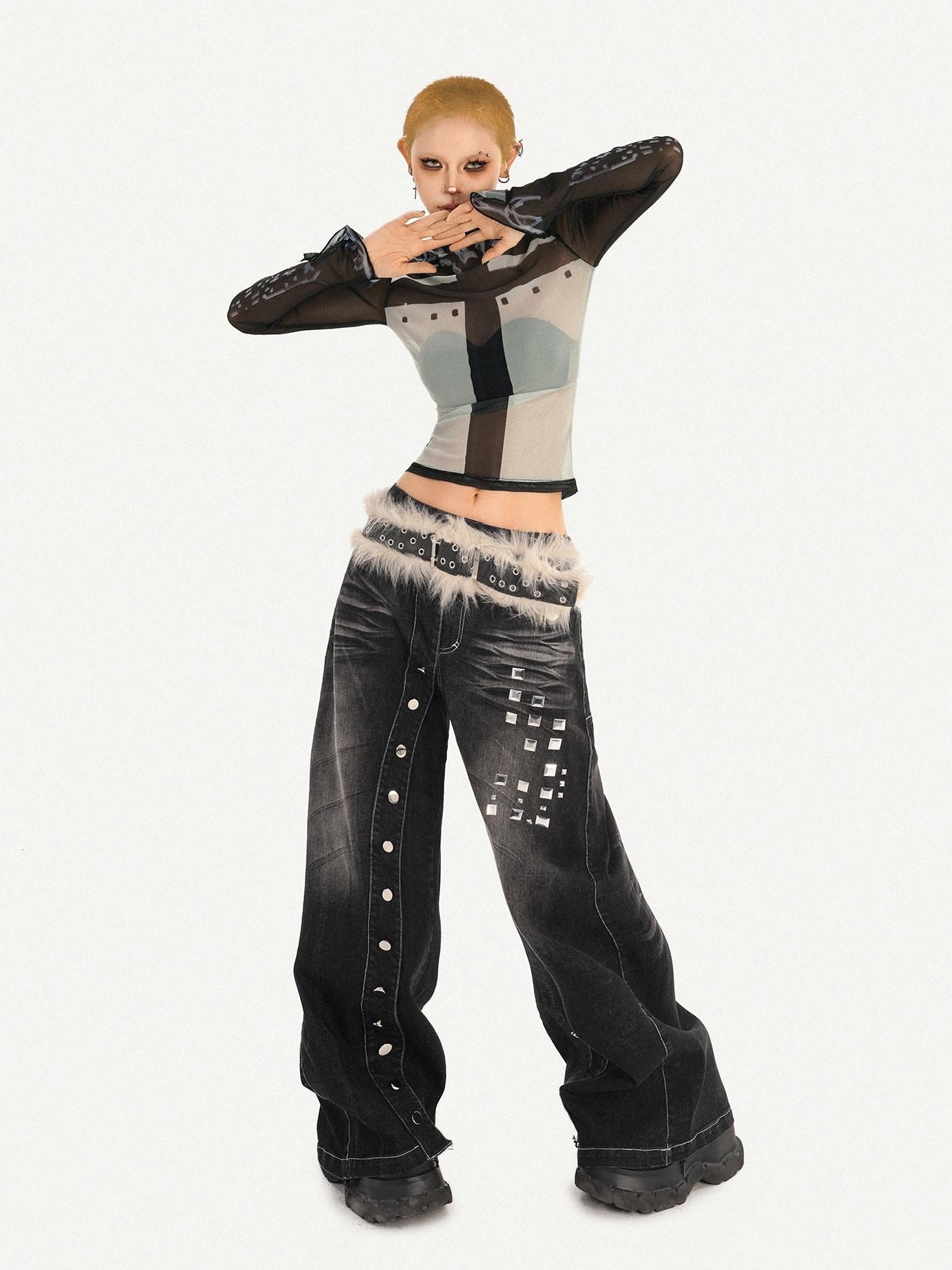 Nico Molly Sexy Slim Fit High Neck Printed Black Pullover Long Sleeve T-Shirts