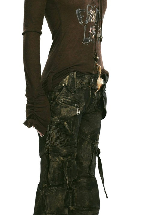 OPEN AESTHETIC Studded Leather Patch Creative Letter Print Slim Fit Women Long Sleeve T-Shirts