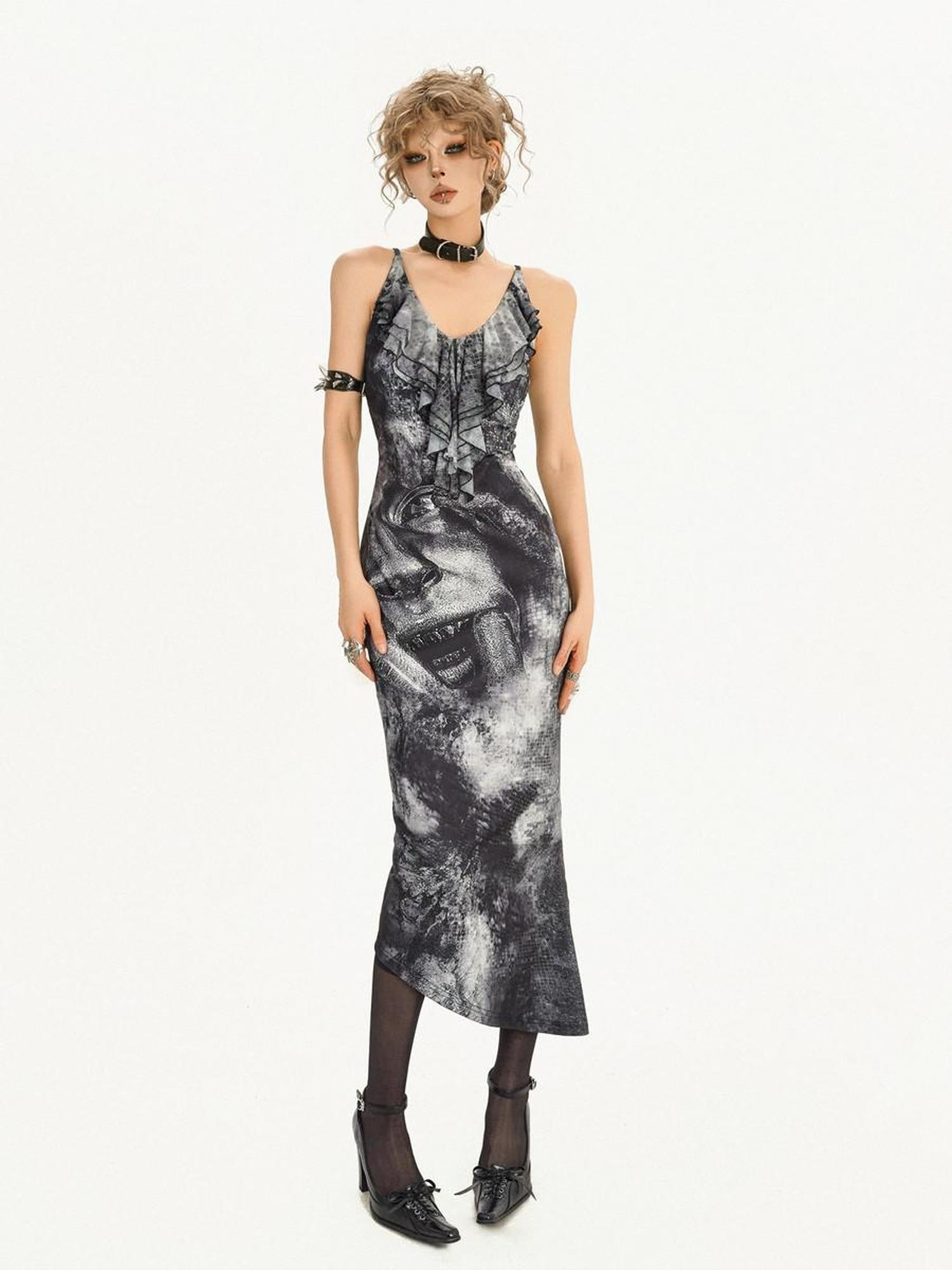 Nico Molly Flattering Chic High Waist V-neck Spaghetti Strap Office Ink Print Midi Dresses