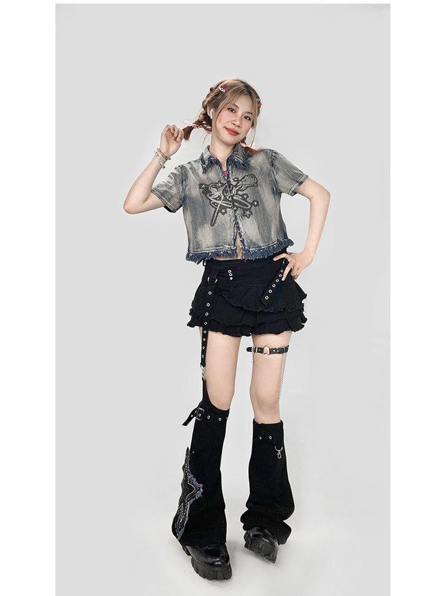 REDDACHIC Black Star Geometric Stacked Women'S Washed Denim Leg Warmers