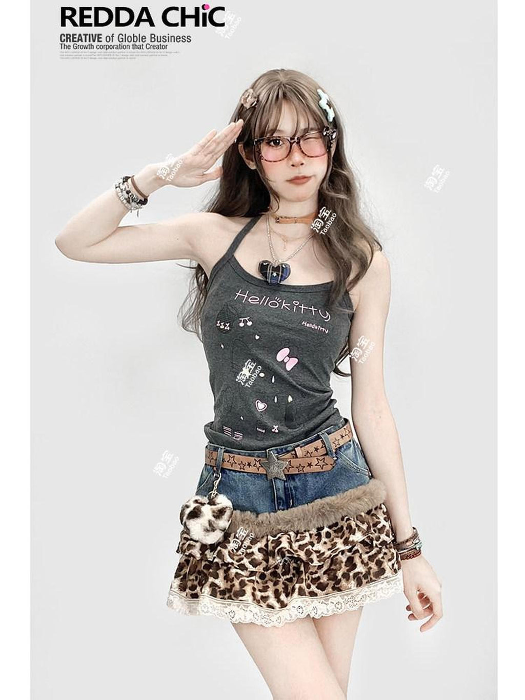 REDDACHIC Leopard Print Patchwork Tiered Cake Women'S Lace Denim Mini Skirts