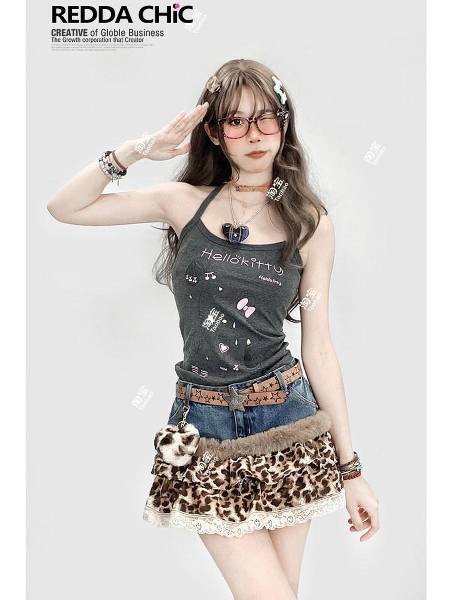 REDDACHIC Leopard Print Patchwork Tiered Cake Women'S Lace Denim Mini Skirts