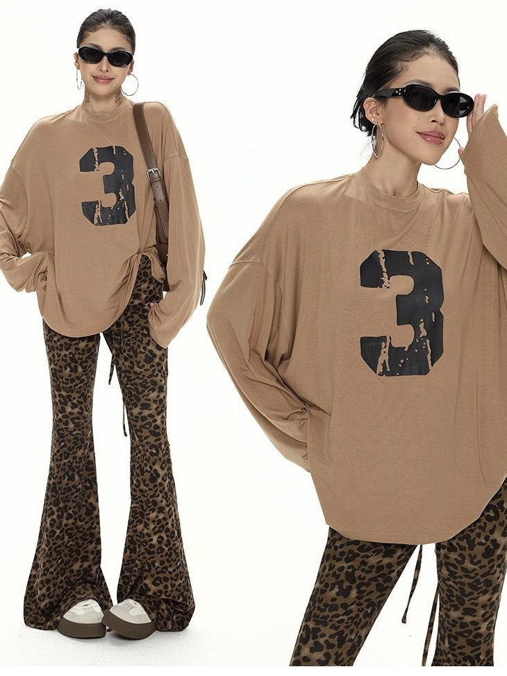 ZERO Viscose Knit Loose Midlength Number Print Round Neck Unisex Long Sleeve T-Shirts