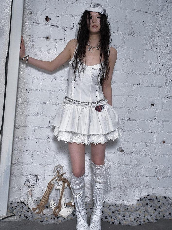 NO ROMANCE Washed Frayed Hem Vintage Punk Academy Women'S Cotton Slip Mini Dresses
