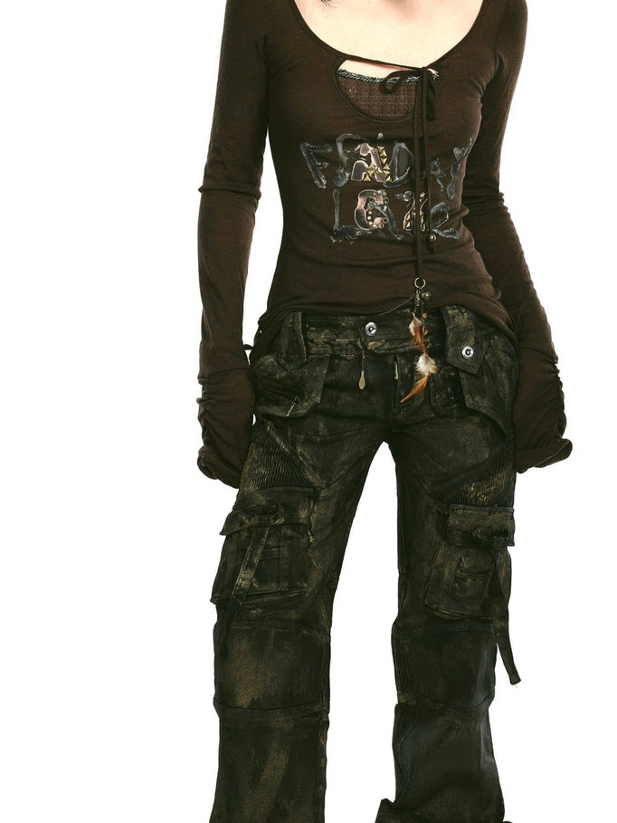 OPEN AESTHETIC Studded Leather Patch Creative Letter Print Slim Fit Women Long Sleeve T-Shirts