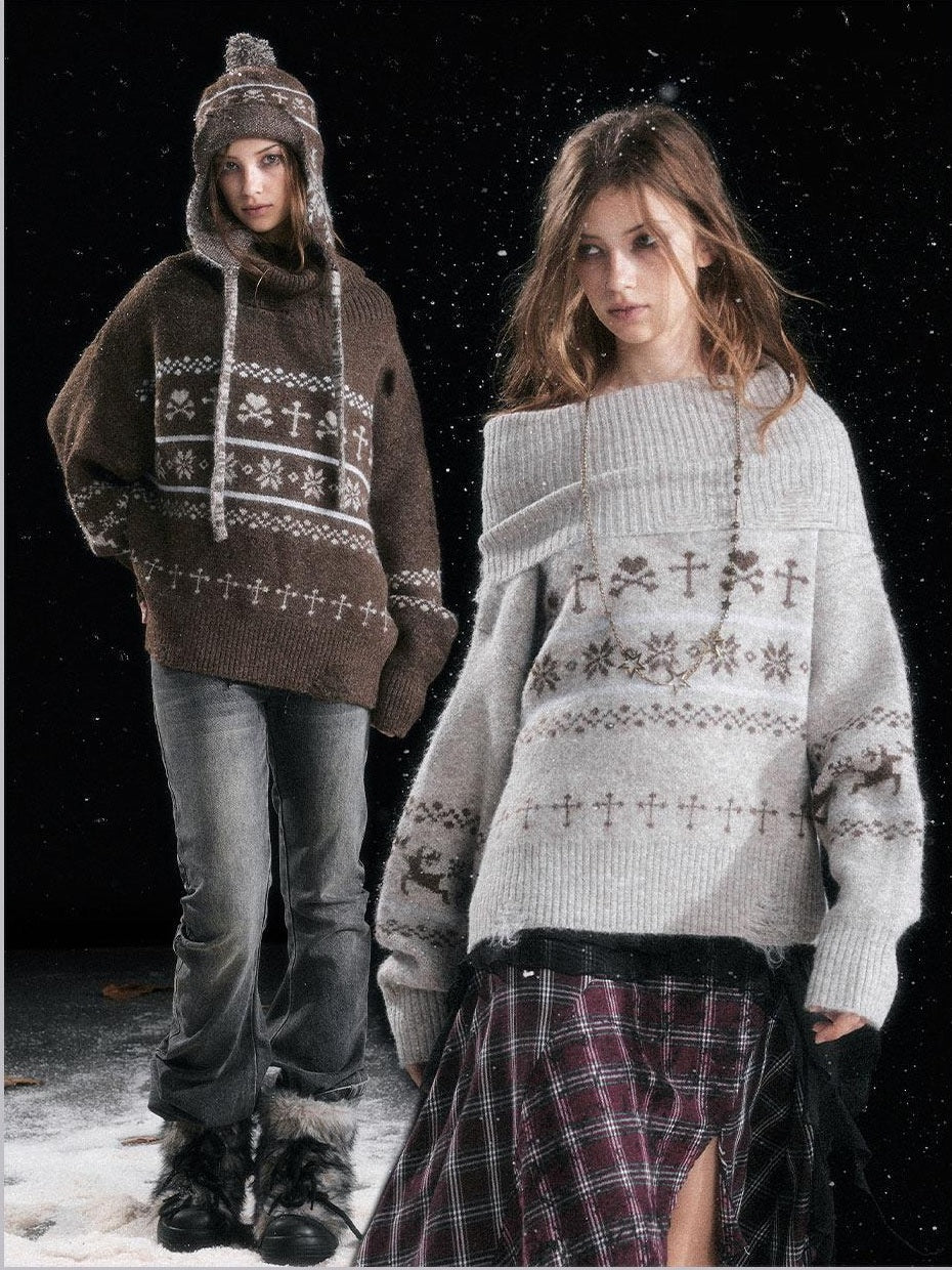 Cest Nous Cozy Thermal Commuter Loose Hooded Women Wool Blend Sweaters