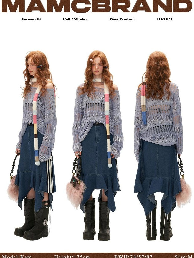 MAMC Soft Cotton Blend Asymmetric Mid Waist Office Minimalist Blue Midi Skirts