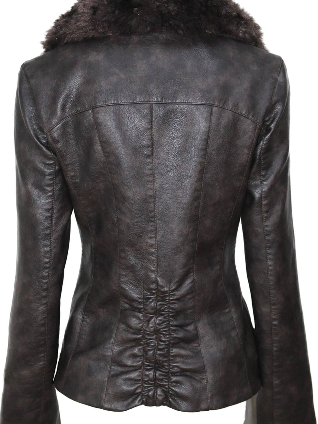 OPEN AESTHETIC Warm Fur Collar Slim Fit Retro Pleated Pu Brown Notch Collar Leather Jackets