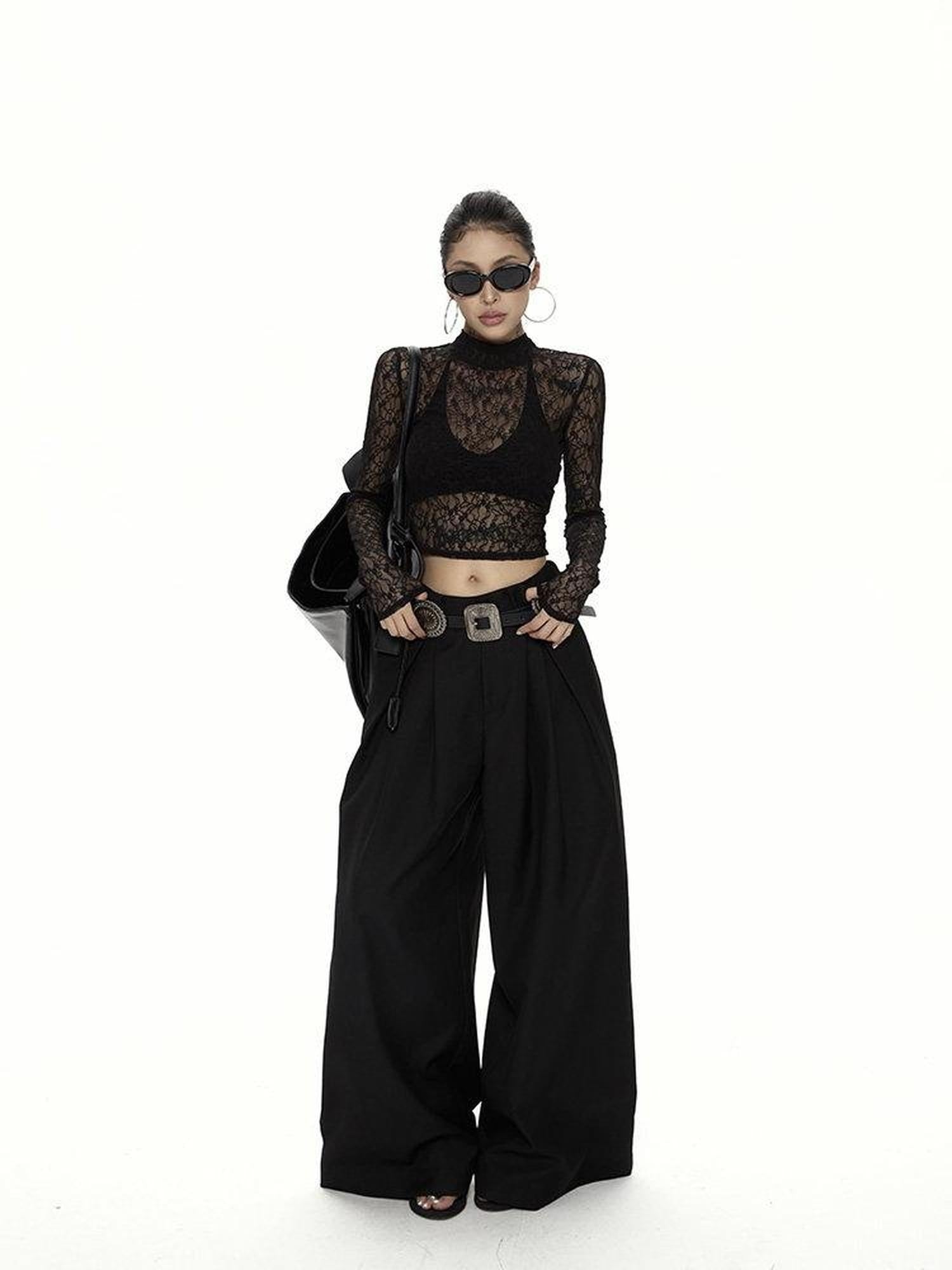 ZERO Lace Trim High Neck Casual Slim Fit Women Daily Black Knit Long Sleeve Crop Tops