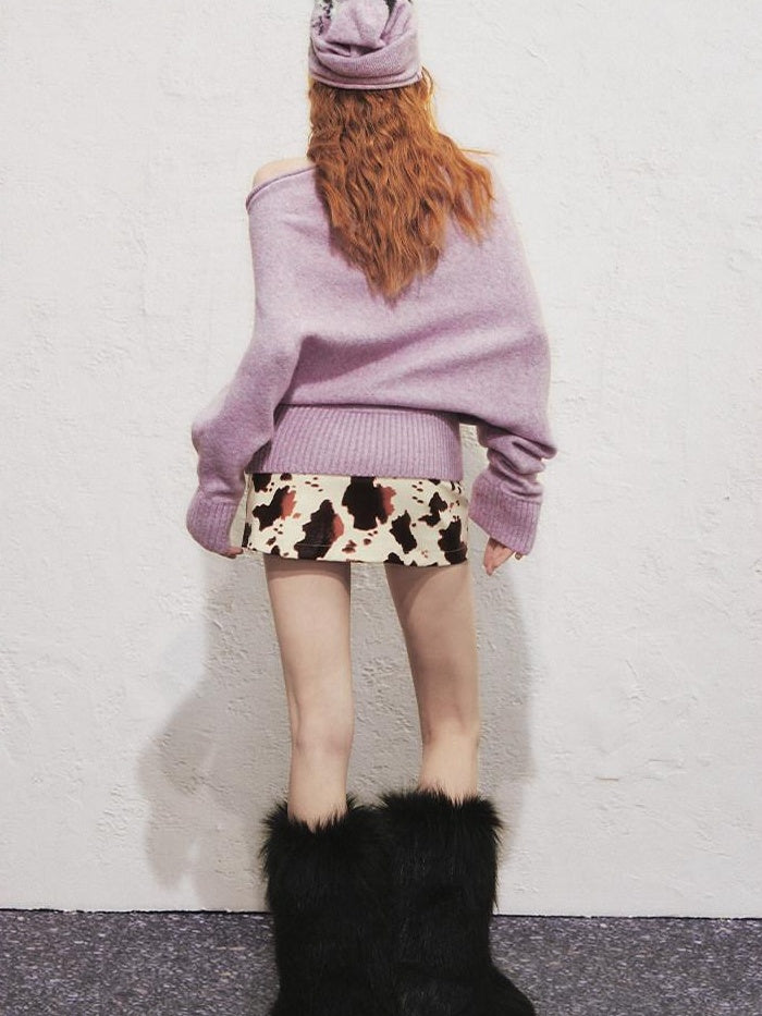 OfAkiva Faux Cashmere Thermal Animal Print Loose Fit Women Round Neck Sweaters
